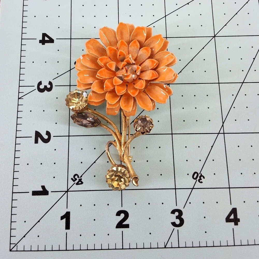 Vintage 1960s Orange Enamel Flower Brooch Large Mod Poppy‎ Rhinestone Gold Tone